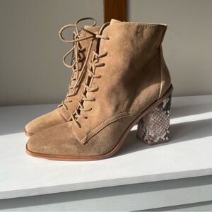 Vince Camuto Tan Suede Ankle Boots with Snakeskin Heel Size 9